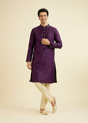 Manyavar Men Royal Purple Jaal Sequinned Kurta Set with Striped Collar image number 2