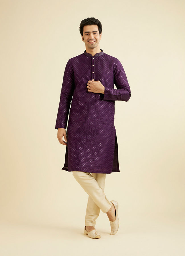 Manyavar Men Royal Purple Jaal Sequinned Kurta Set with Striped Collar