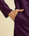 Manyavar Men Royal Purple Jaal Sequinned Kurta Set with Striped Collar