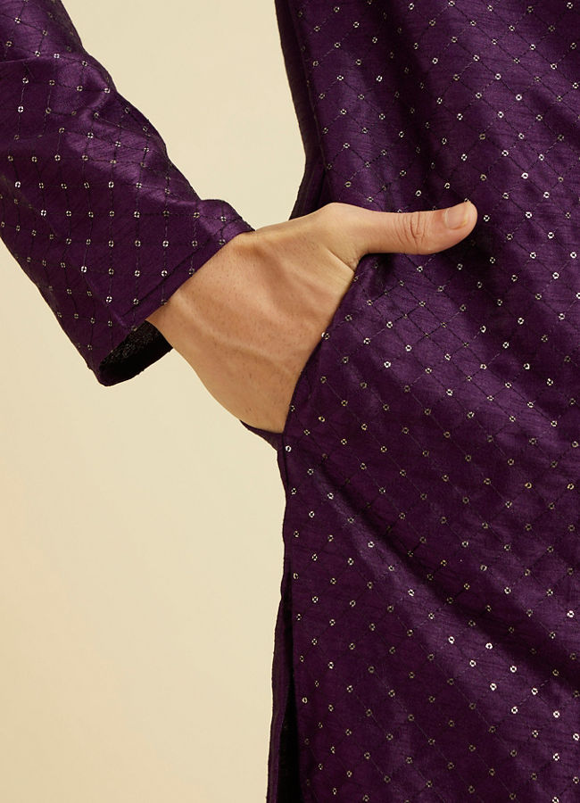 Manyavar Men Royal Purple Jaal Sequinned Kurta Set with Striped Collar