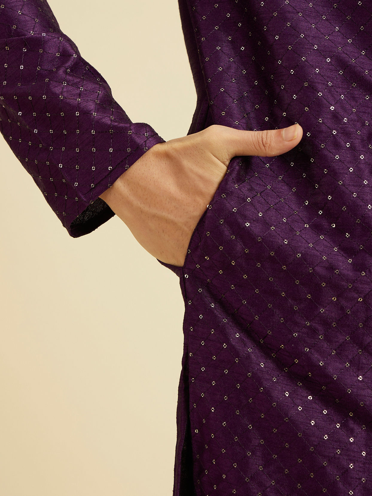Manyavar Men Royal Purple Jaal Sequinned Kurta Set with Striped Collar