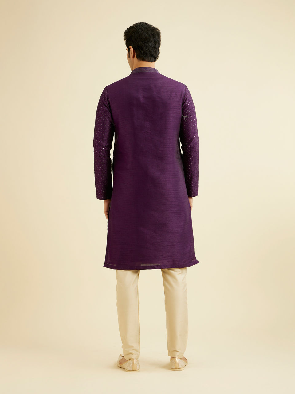 Manyavar Men Royal Purple Jaal Sequinned Kurta Set with Striped Collar