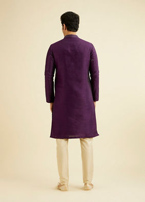 Manyavar Men Royal Purple Jaal Sequinned Kurta Set with Striped Collar image number 5