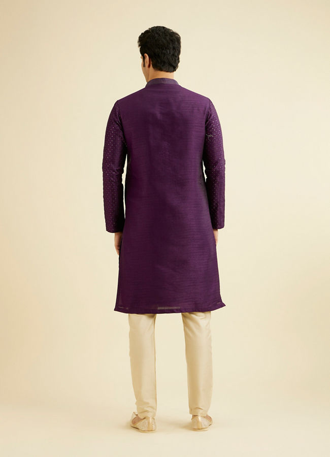 Manyavar Men Royal Purple Jaal Sequinned Kurta Set with Striped Collar