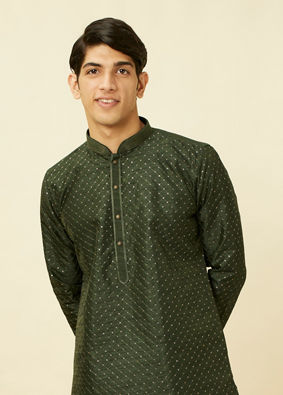 Manyavar Men Dark Green Lattice Patterned Sequined Kurta Set