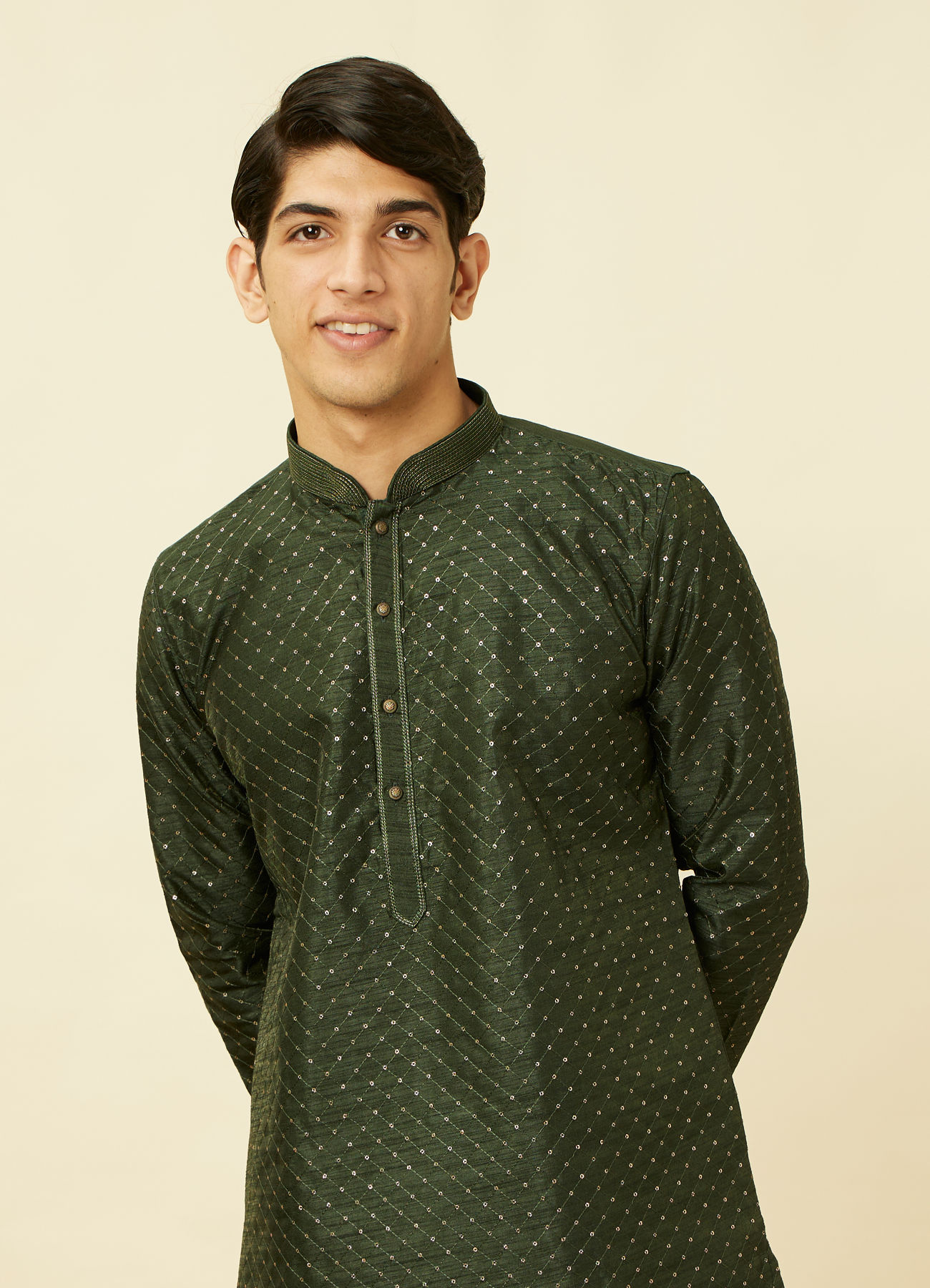 Manyavar Men Dark Green Lattice Patterned Sequined Kurta Set