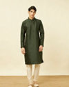 Manyavar Men Dark Green Lattice Patterned Sequined Kurta Set