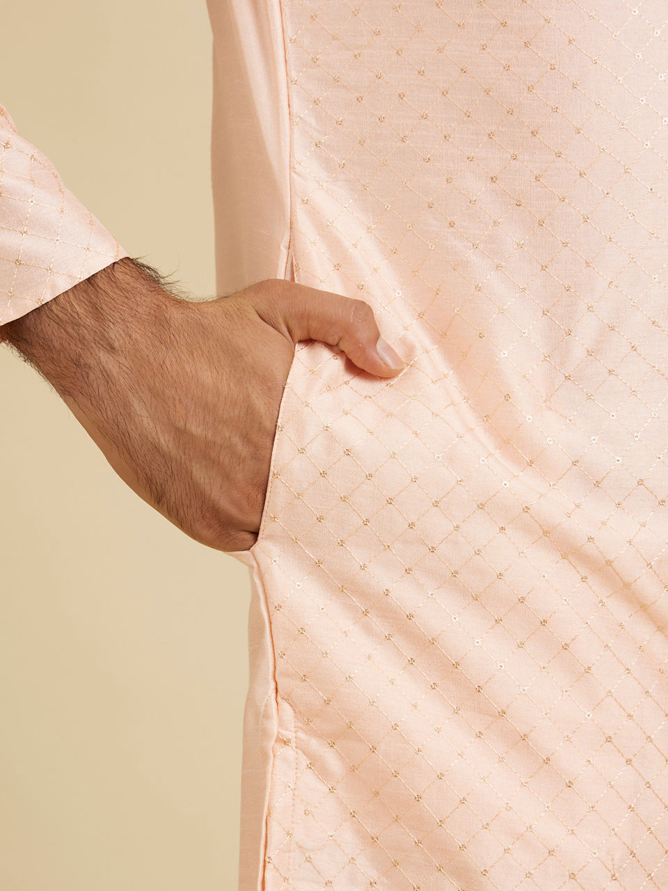 Manyavar Men Light Pink Sequins Kurta Pajama