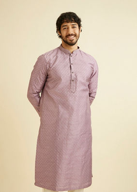 Manyavar Men Soft Lilac Jaal Sequinned Kurta Set with Striped Collar
