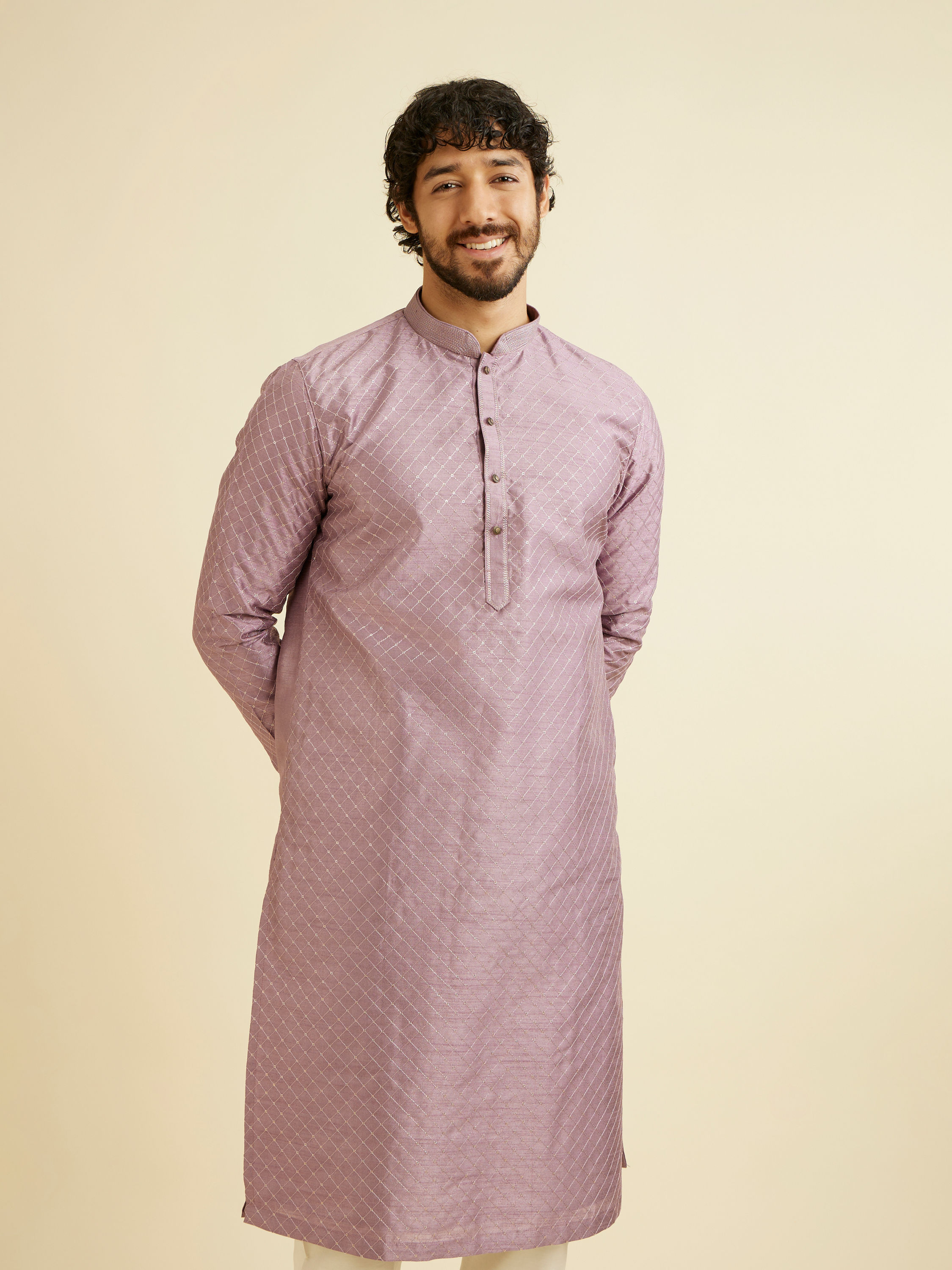 Manyavar Men Soft Lilac Jaal Sequinned Kurta Set with Striped Collar