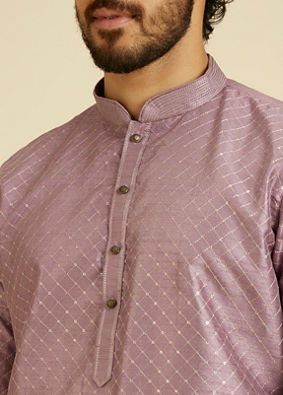 Manyavar Men Soft Lilac Jaal Sequinned Kurta Set with Striped Collar image number 1