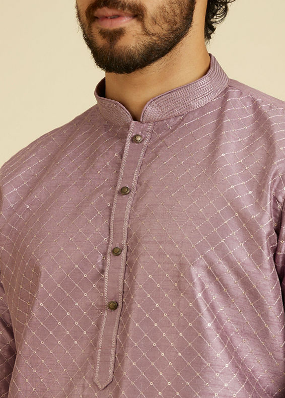 Manyavar Men Soft Lilac Jaal Sequinned Kurta Set with Striped Collar