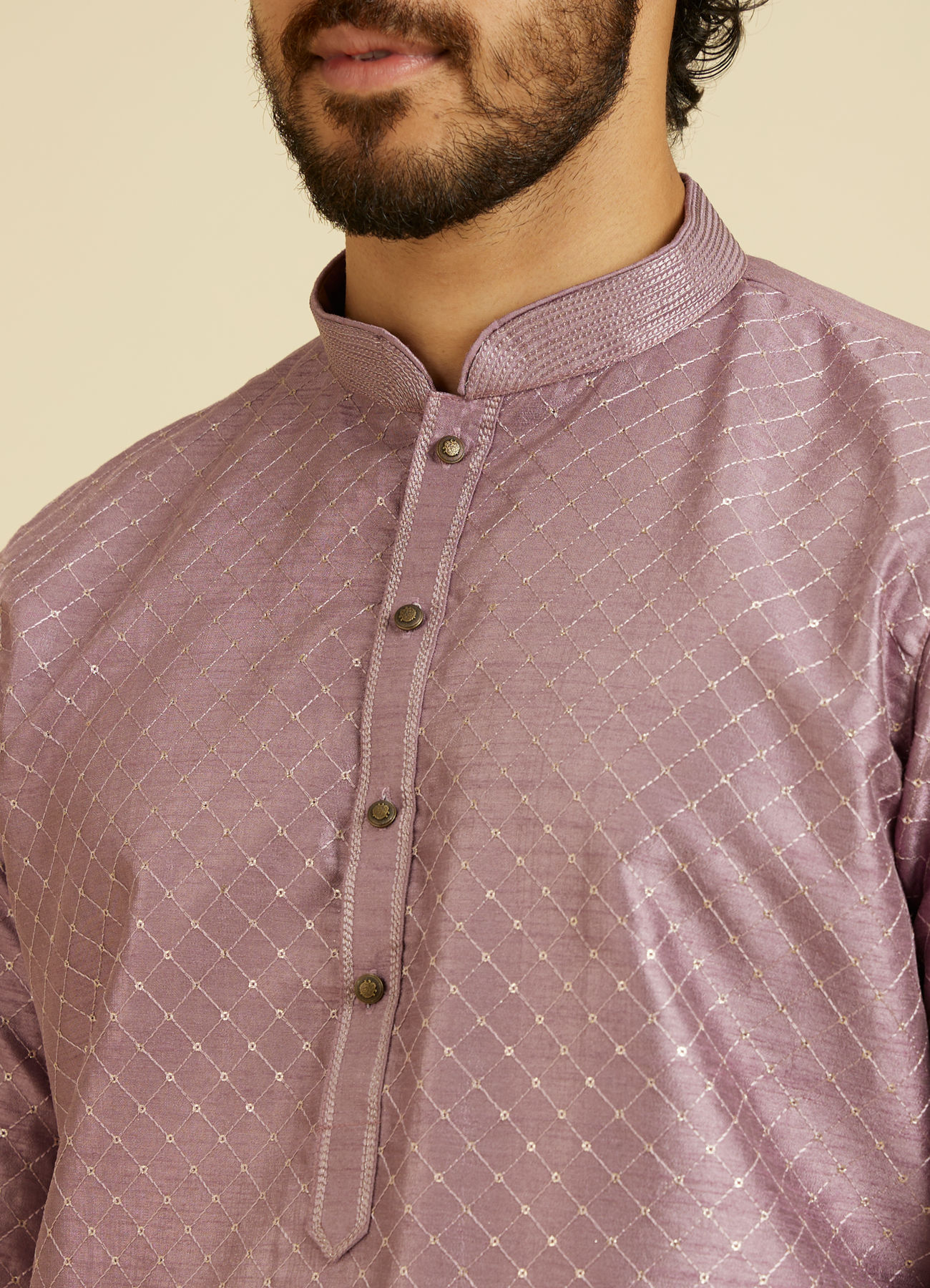 Manyavar Men Soft Lilac Jaal Sequinned Kurta Set with Striped Collar