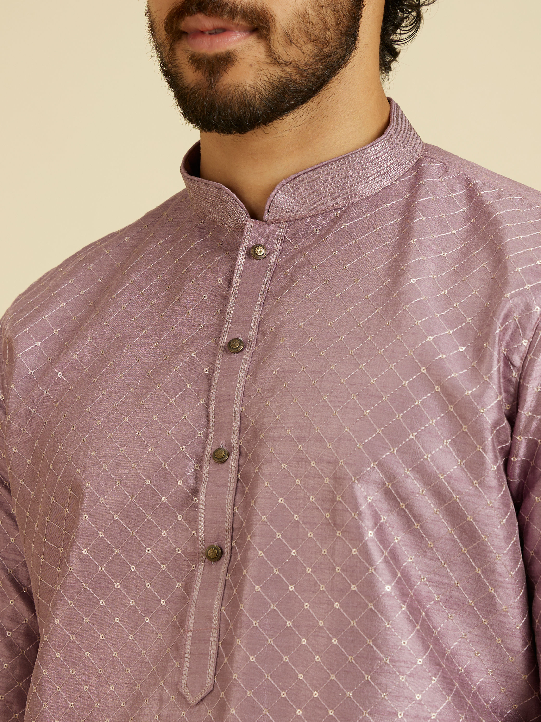 Manyavar Men Soft Lilac Jaal Sequinned Kurta Set with Striped Collar