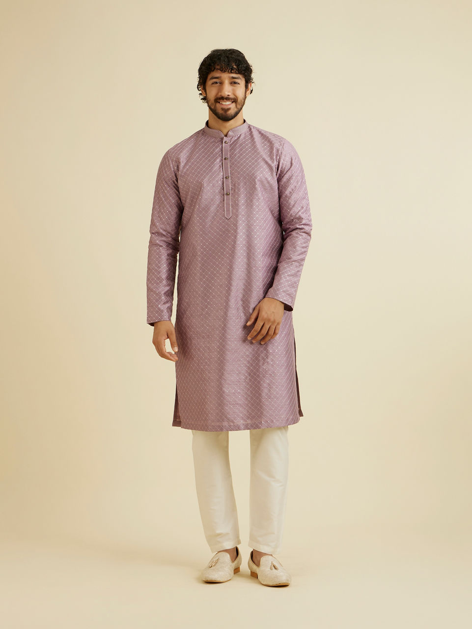 Manyavar Men Soft Lilac Jaal Sequinned Kurta Set with Striped Collar