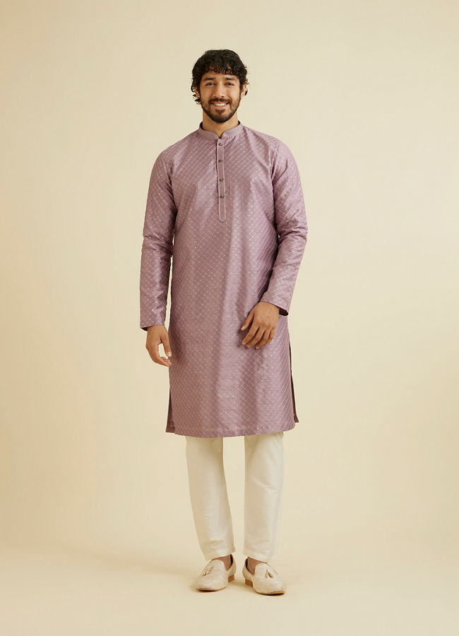 Manyavar Men Soft Lilac Jaal Sequinned Kurta Set with Striped Collar