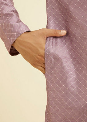 Manyavar Men Soft Lilac Jaal Sequinned Kurta Set with Striped Collar image number 3