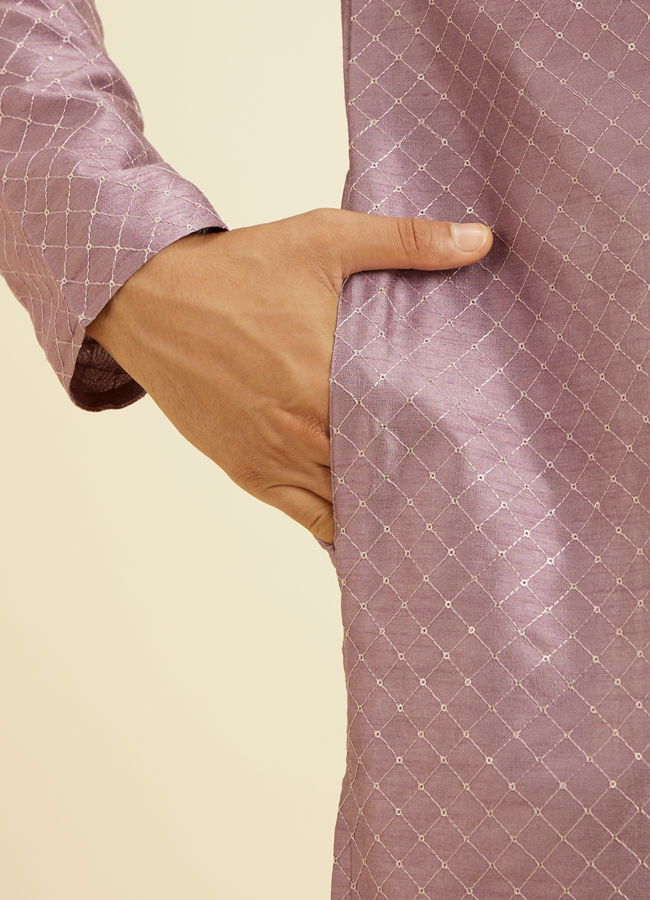 Manyavar Men Soft Lilac Jaal Sequinned Kurta Set with Striped Collar