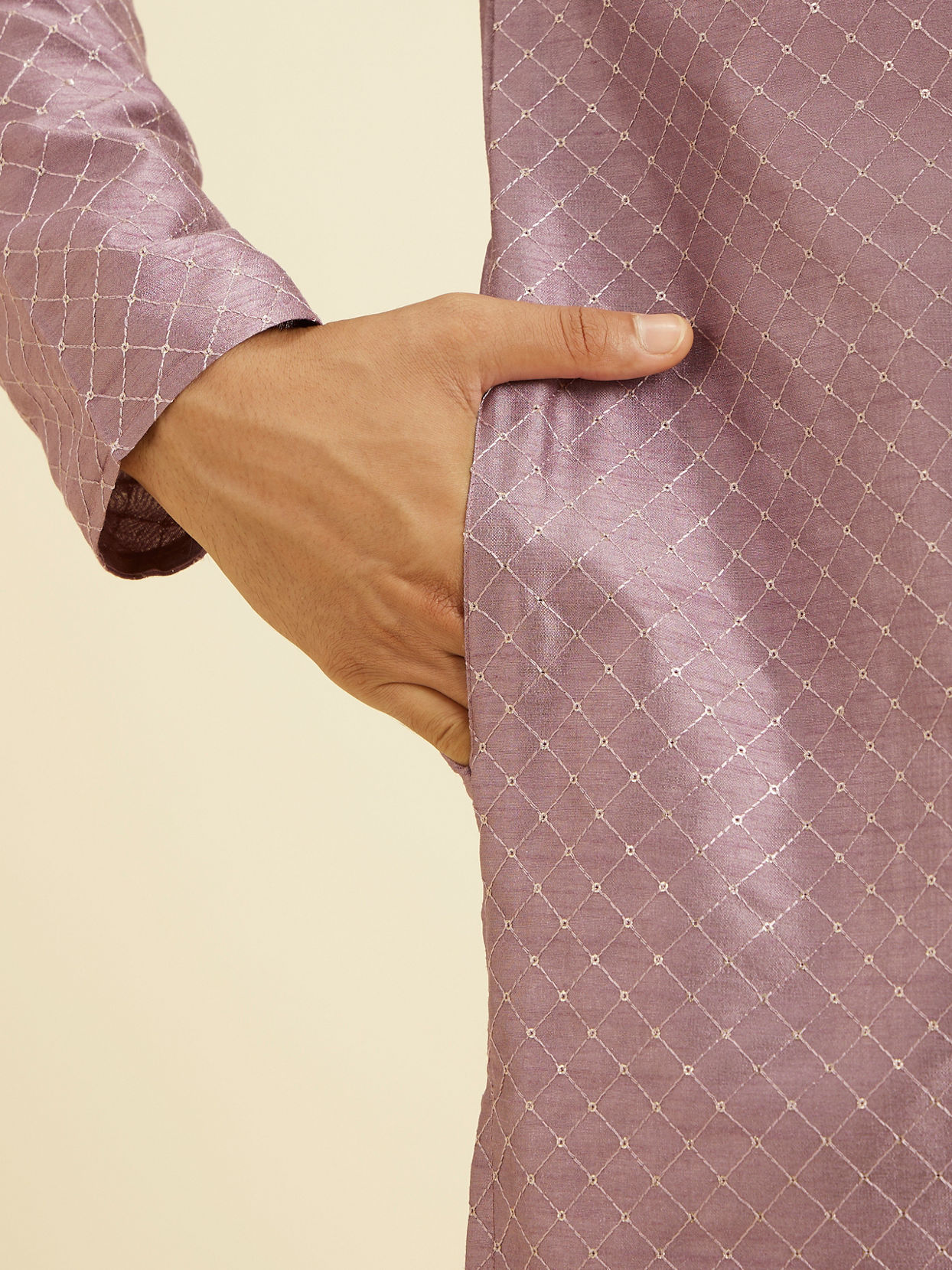 Manyavar Men Soft Lilac Jaal Sequinned Kurta Set with Striped Collar