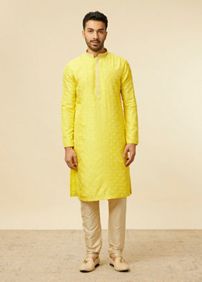 alt message - Manyavar Men Blazing Yellow Embroidered Sequinned Kurta Set image number 2