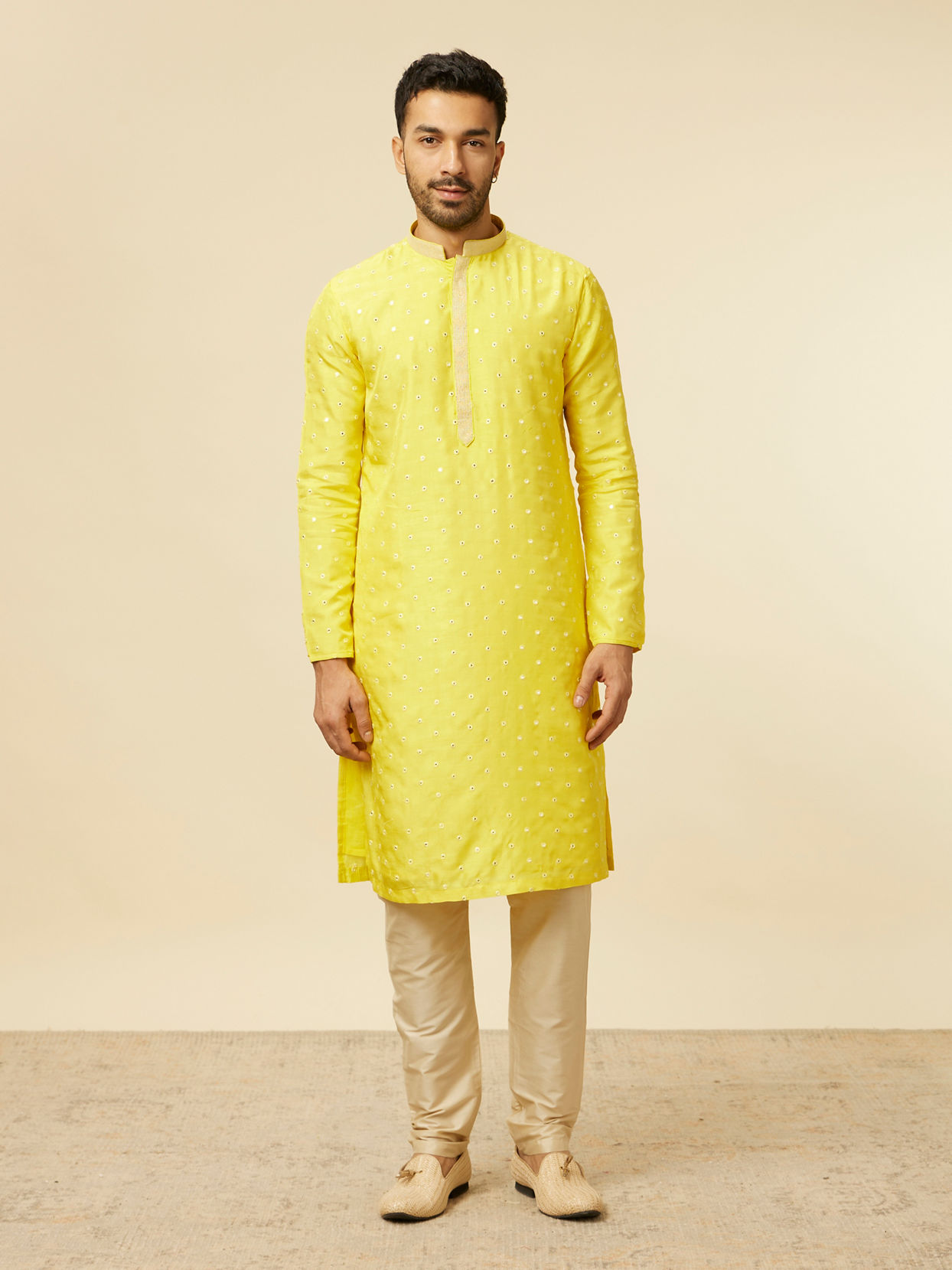 Manyavar Men Blazing Yellow Embroidered Sequinned Kurta Set