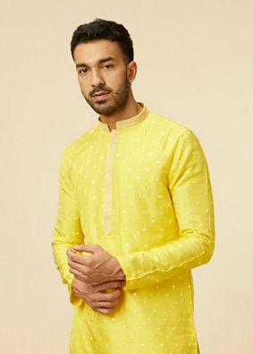 alt message - Manyavar Men Blazing Yellow Embroidered Sequinned Kurta Set image number 0