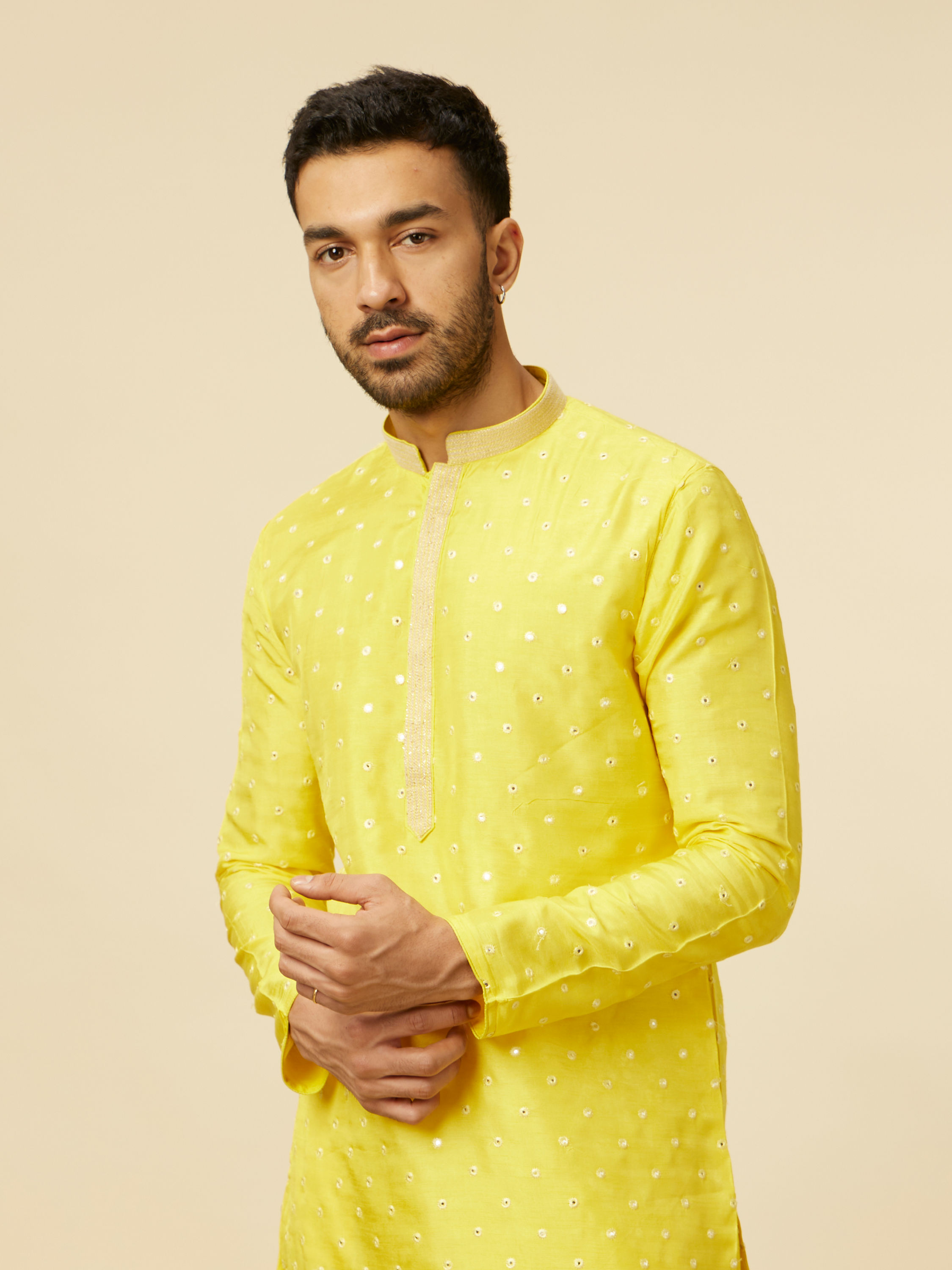 Manyavar Men Blazing Yellow Embroidered Sequinned Kurta Set