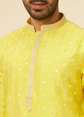 alt message - Manyavar Men Blazing Yellow Embroidered Sequinned Kurta Set image number 1