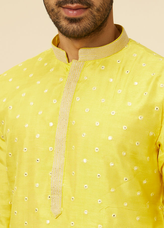 alt message - Manyavar Men Blazing Yellow Embroidered Sequinned Kurta Set image number 1