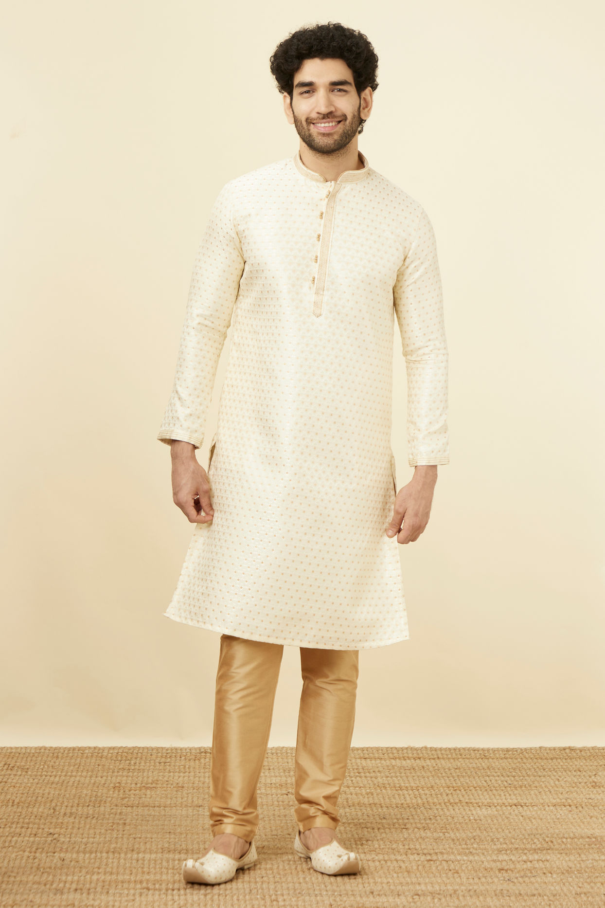 alt message - Manyavar Men Biscuit Jacquard Kurta Set image number 2