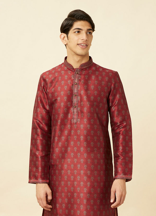 Manyavar Men Velvet Red Floral Patterned Kurta Set