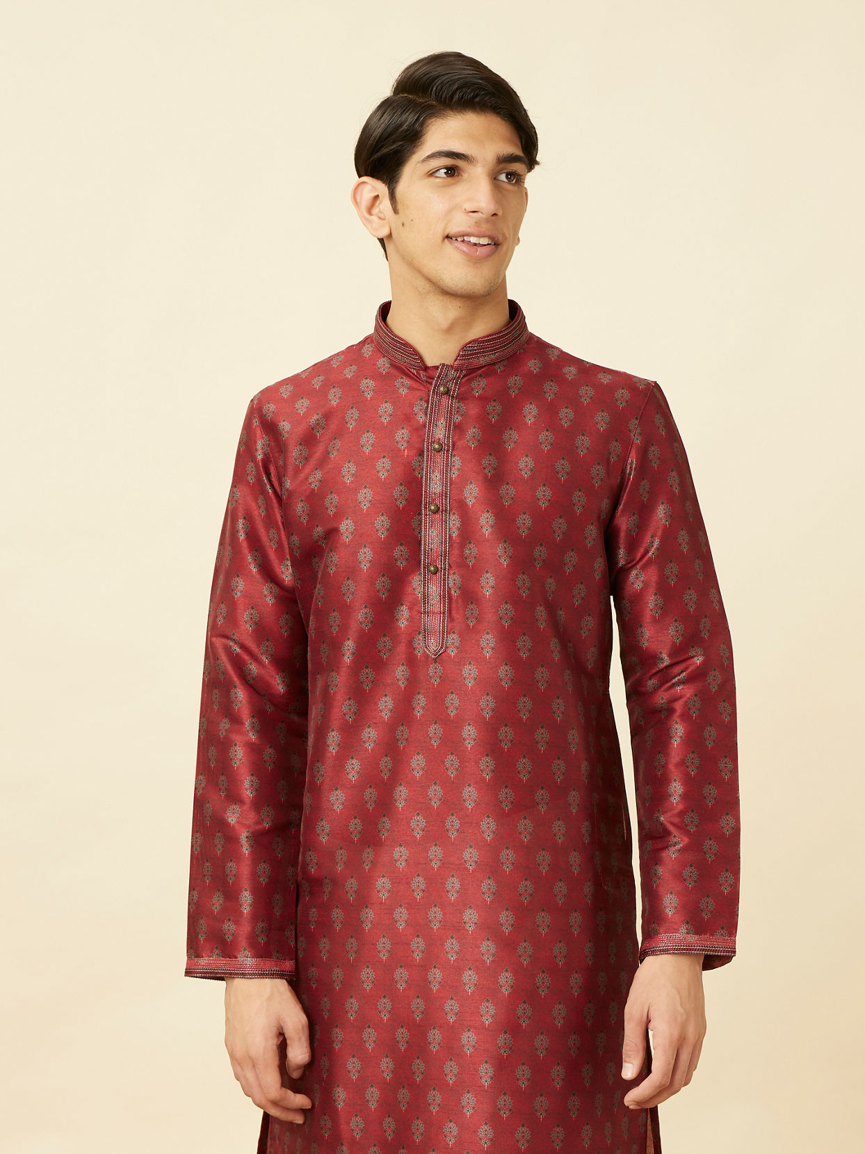 Manyavar Men Velvet Red Floral Patterned Kurta Set