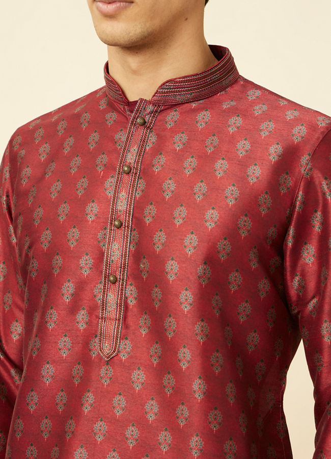 Manyavar Men Velvet Red Floral Patterned Kurta Set