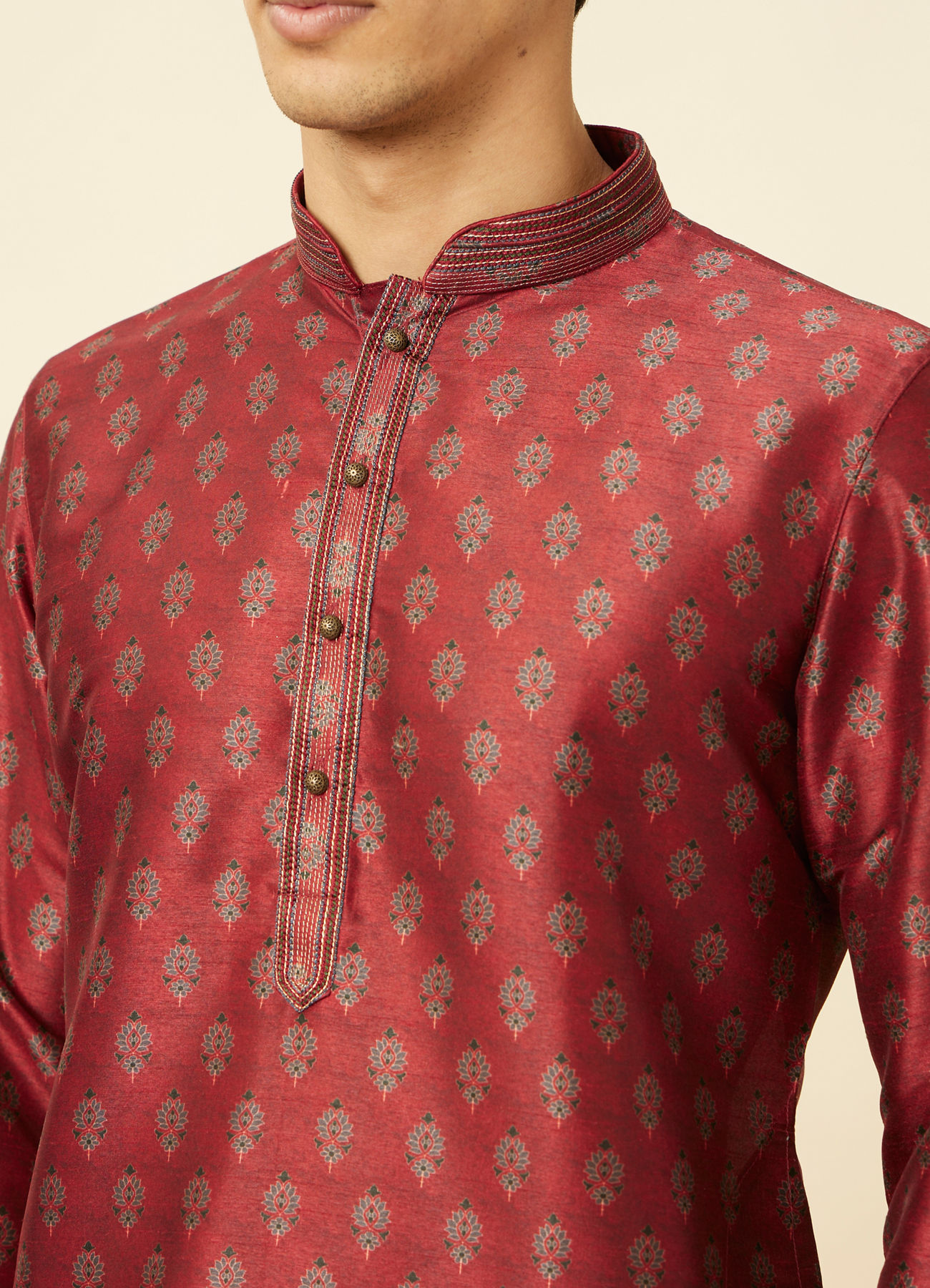 Manyavar Men Velvet Red Floral Patterned Kurta Set