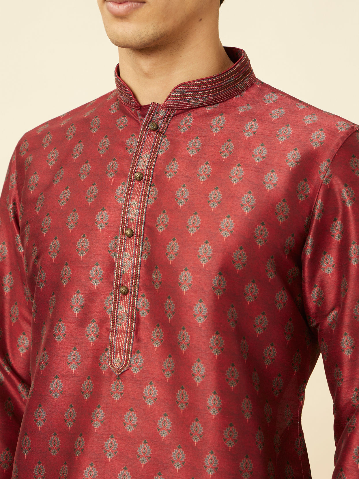 Manyavar Men Velvet Red Floral Patterned Kurta Set