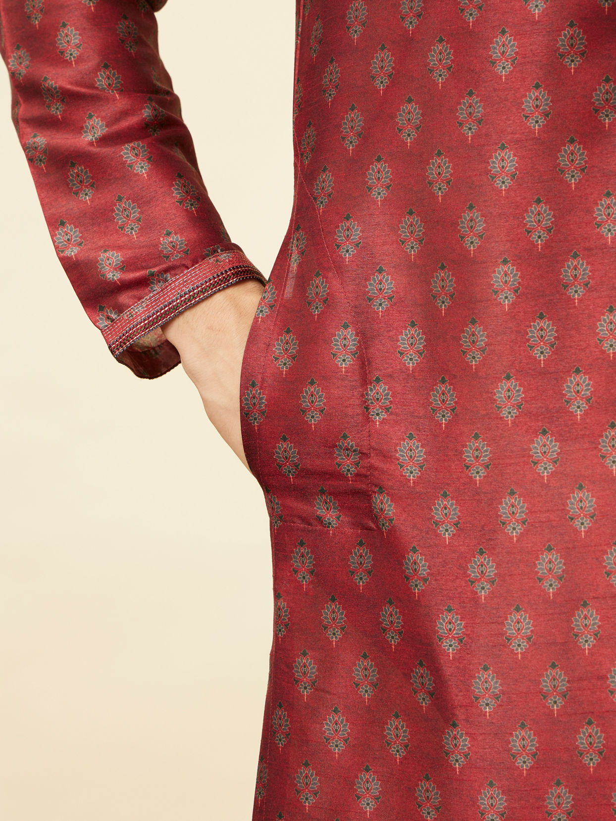 Manyavar Men Velvet Red Floral Patterned Kurta Set