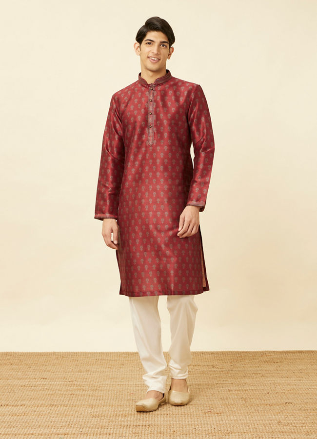 Manyavar Men Velvet Red Floral Patterned Kurta Set