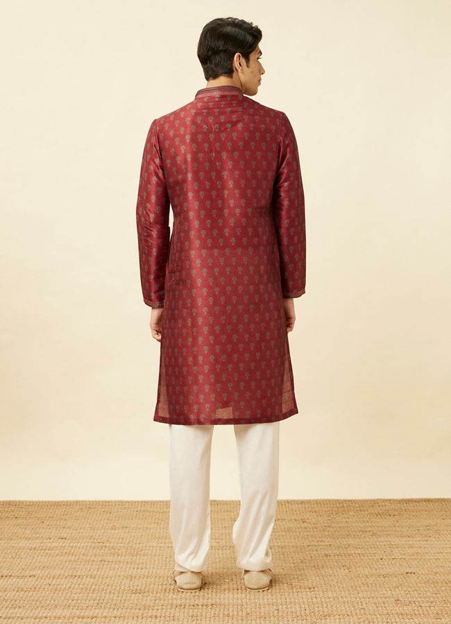 Manyavar Men Velvet Red Floral Patterned Kurta Set