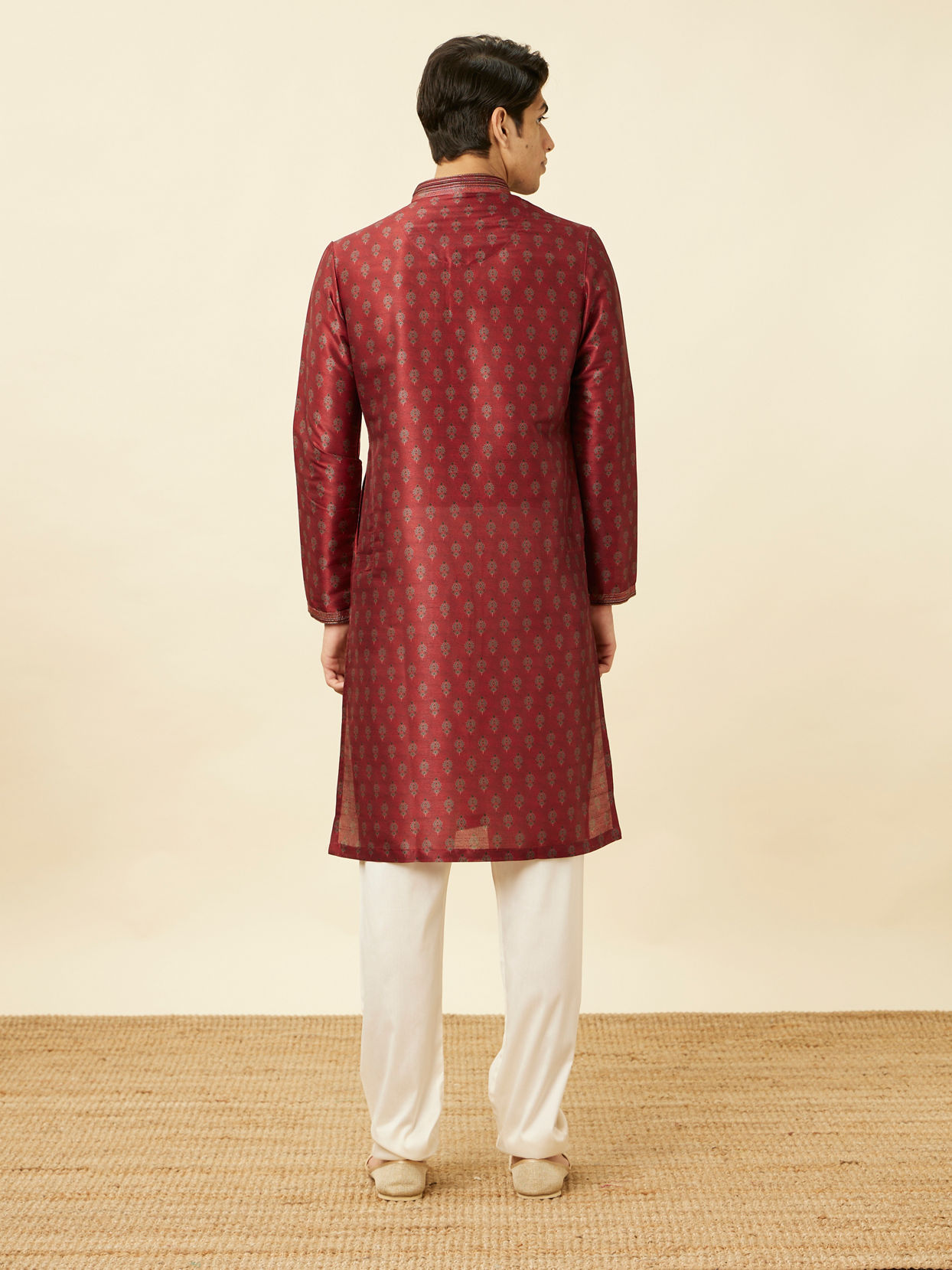 Manyavar Men Velvet Red Floral Patterned Kurta Set