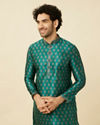 Manyavar Men Metallic Green Floral Buta Printed Kurta Set