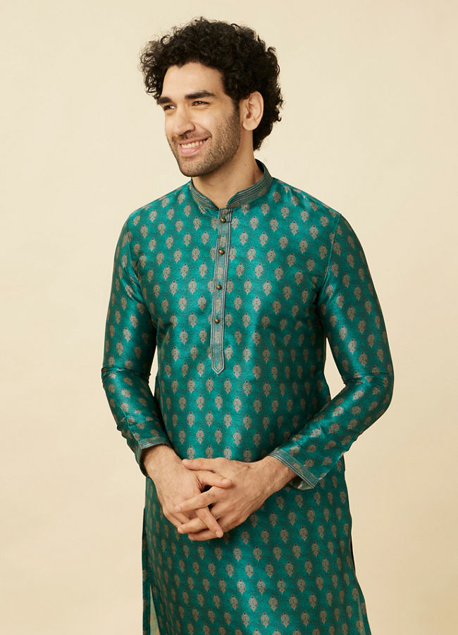 Manyavar Men Metallic Green Floral Buta Printed Kurta Set