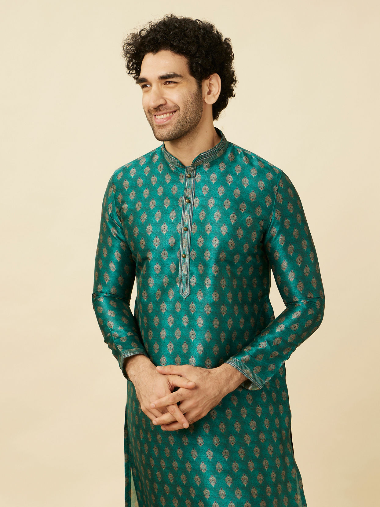 Manyavar Men Metallic Green Floral Buta Printed Kurta Set