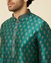Manyavar Men Metallic Green Floral Buta Printed Kurta Set