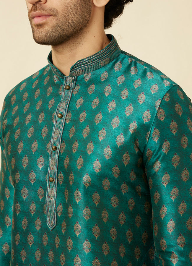 Manyavar Men Metallic Green Floral Buta Printed Kurta Set