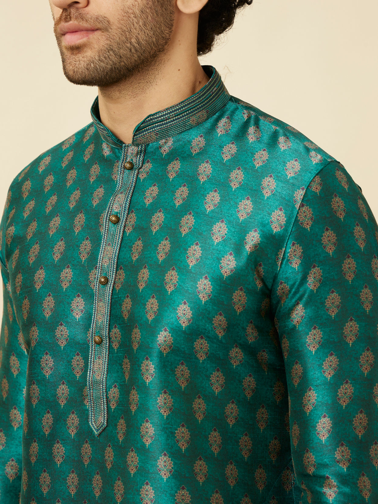 Manyavar Men Metallic Green Floral Buta Printed Kurta Set