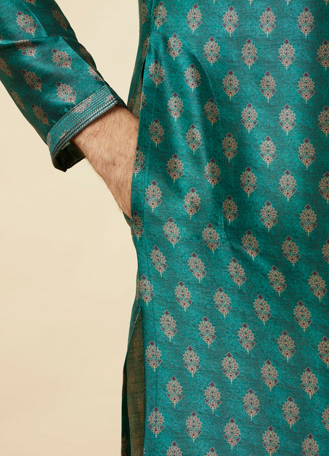 Manyavar Men Metallic Green Floral Buta Printed Kurta Set