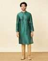 Manyavar Men Metallic Green Floral Buta Printed Kurta Set