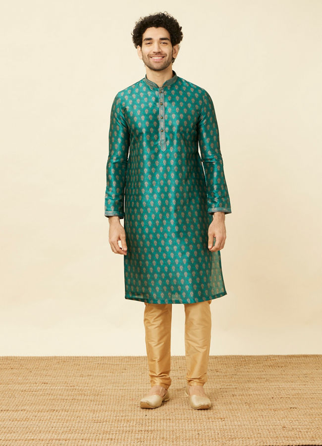 Manyavar Men Metallic Green Floral Buta Printed Kurta Set