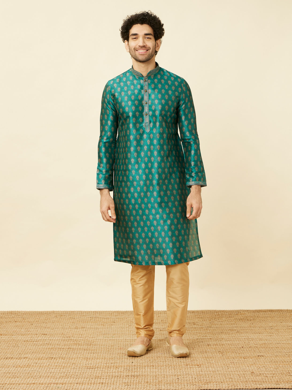 Manyavar Men Metallic Green Floral Buta Printed Kurta Set