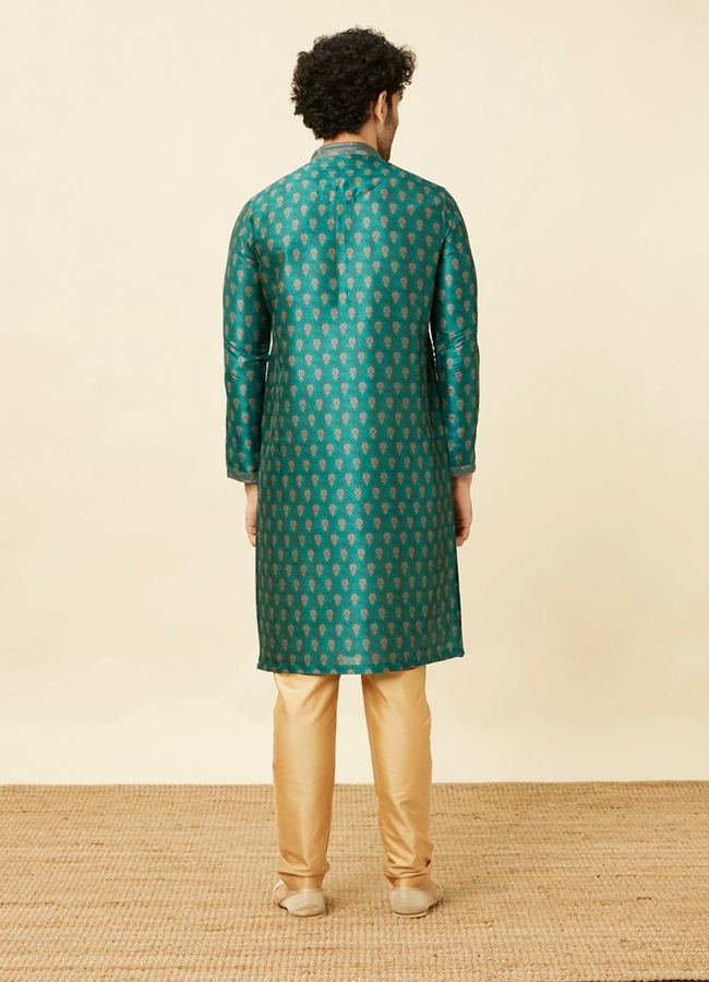 Manyavar Men Metallic Green Floral Buta Printed Kurta Set